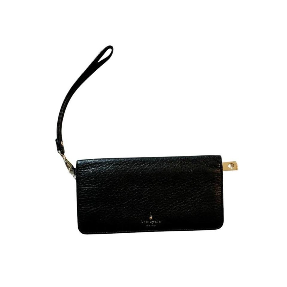 Kate Spade New York Black Pebbled Leather Wristlet Wallet Clutch Gold Hardware